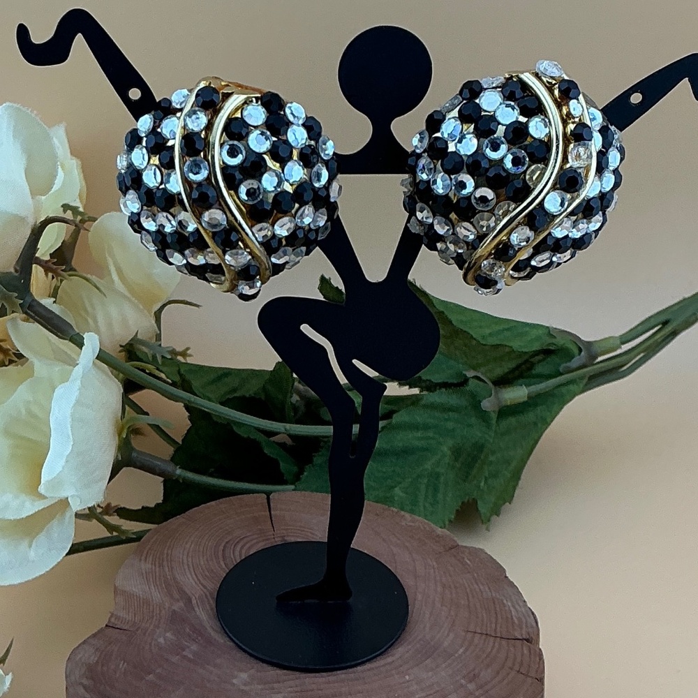 Disco Clip On Earrings Rhinestones Black & White with Gold